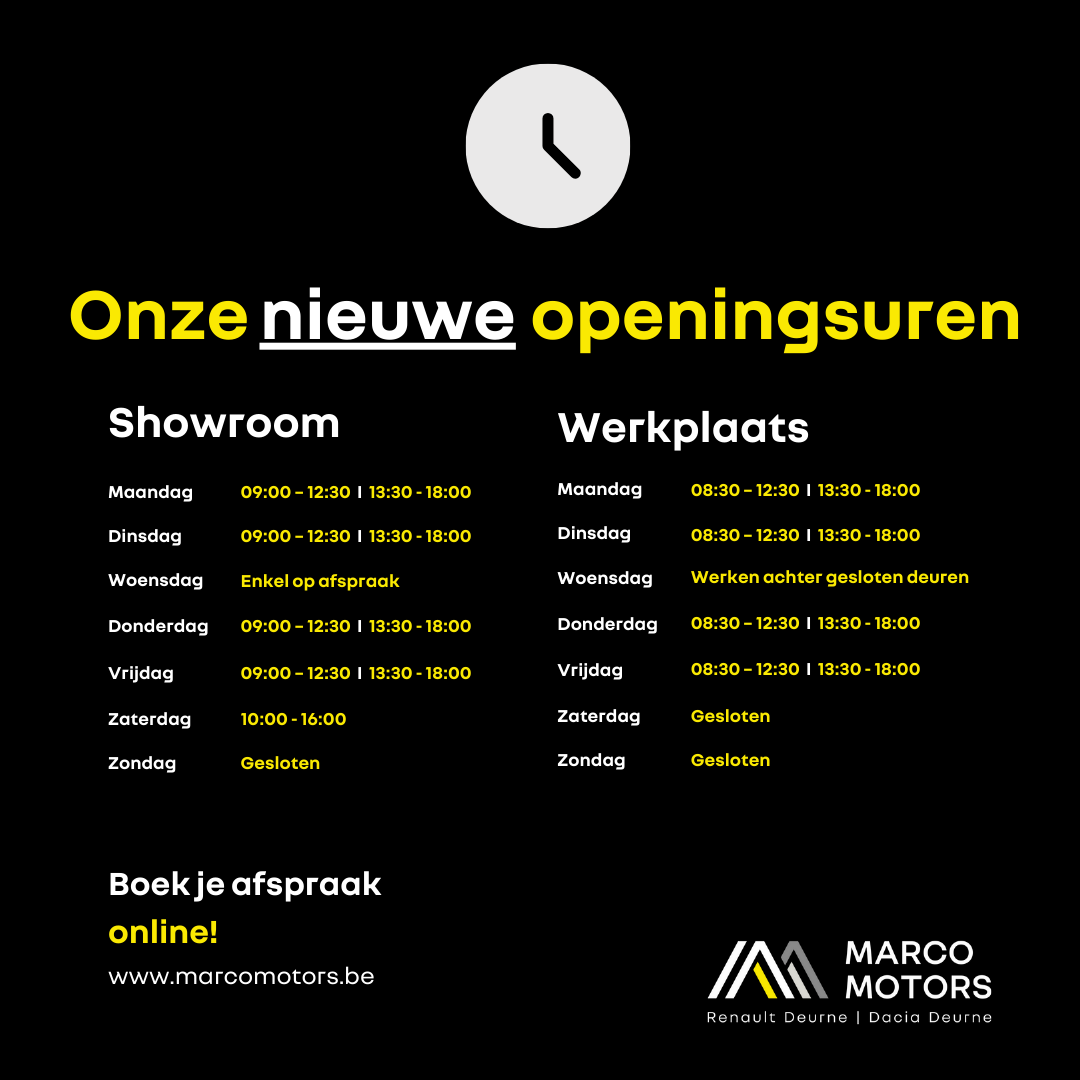 Nieuwe Openingsuren december 2023 Marco Motors Renault Deure